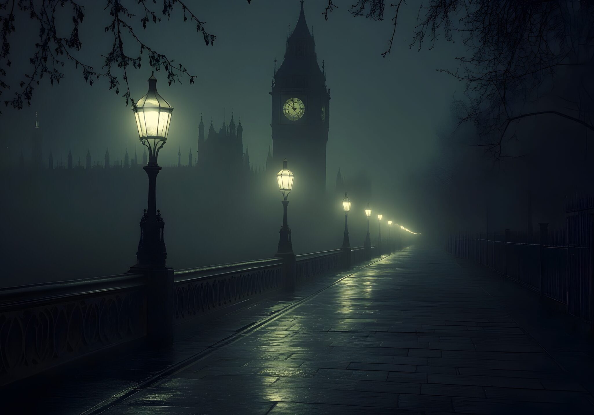Foggy Victorian Era London Street at Night with Glowing Street Lamps Moody and Atmospheric Foggy Victorian Era London Street at Night with Glowing Street Lamps Illuminating the Mysterious Landscape