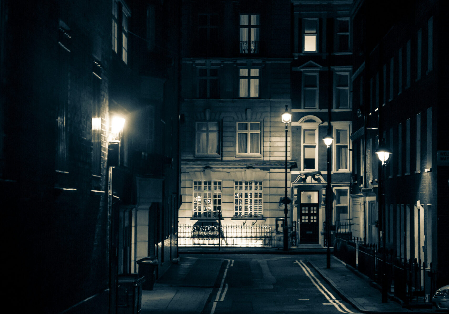 Empty posh street at night, W1, City of Westminster, London, UK Empty posh street at night, W1, City of Westminster, London, UK